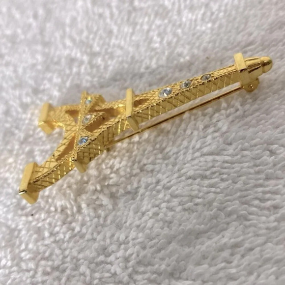 Vintage Gold Toned Eiffel Tower Pin Brooch With Jewels - Picture 5 of 7